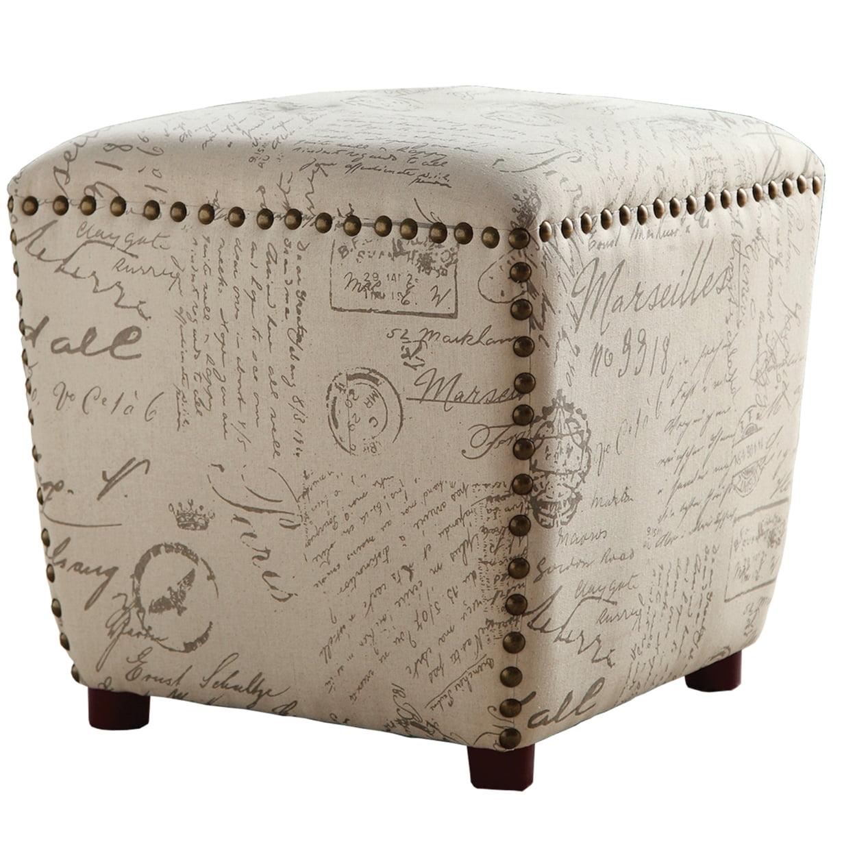 Lucy Gray and White Upholstered Ottoman with Nailhead Trim