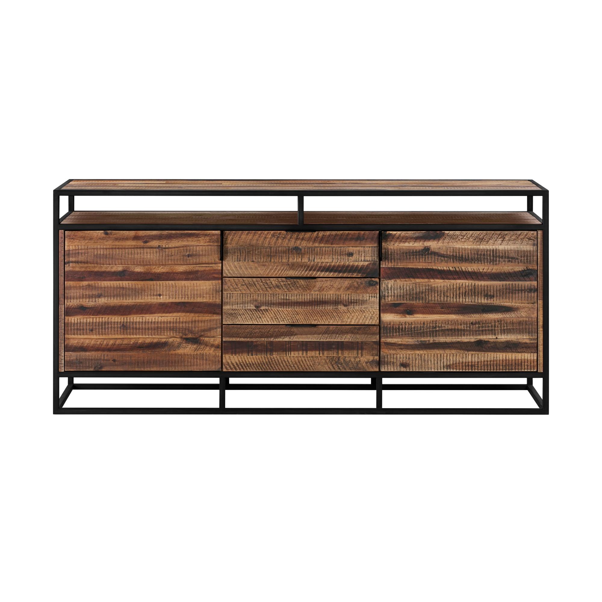 Ludgate Minimalist Acacia Wood & Black Metal 3-Drawer Sideboard Buffet