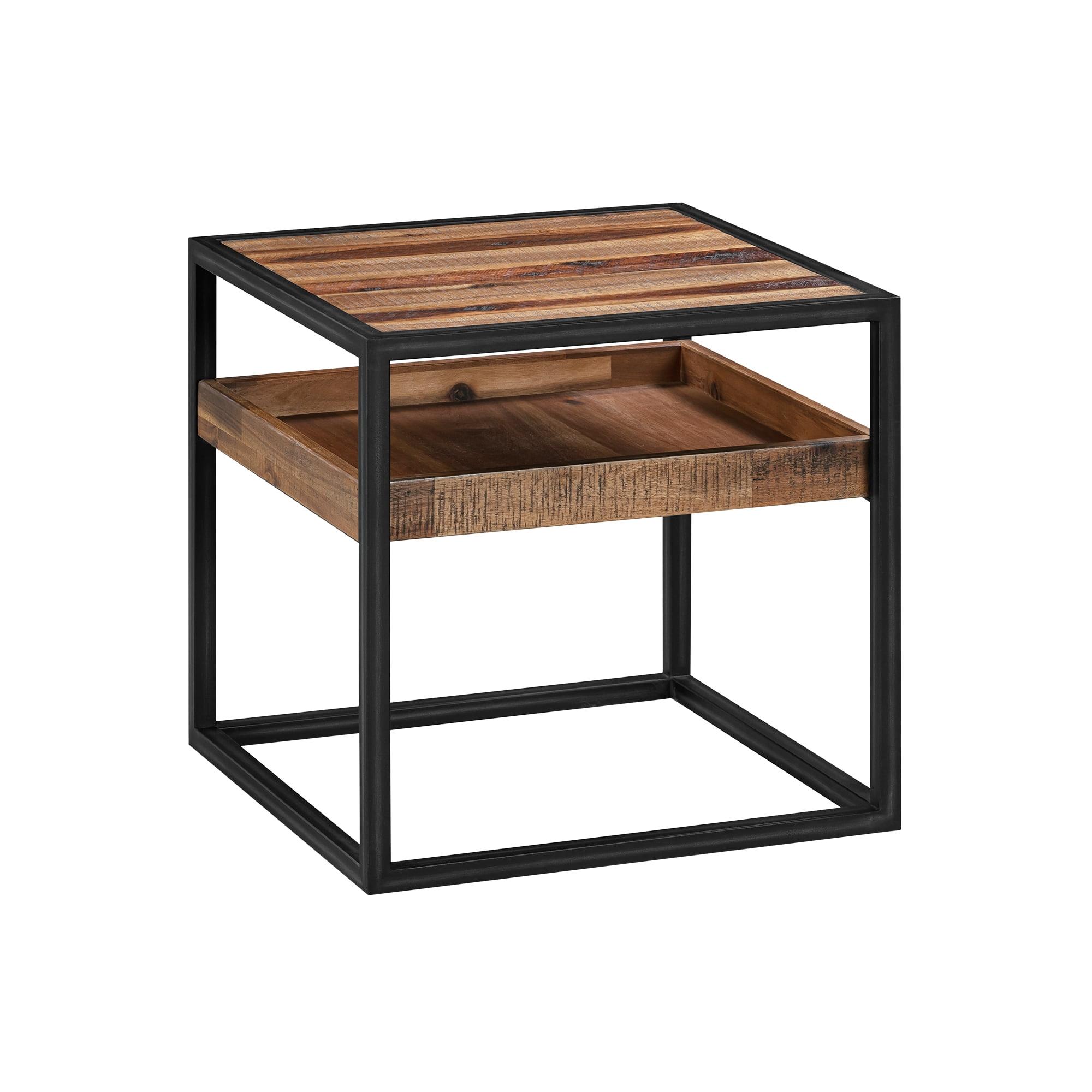 Acacia and Black Metal Square End Table with Shelf