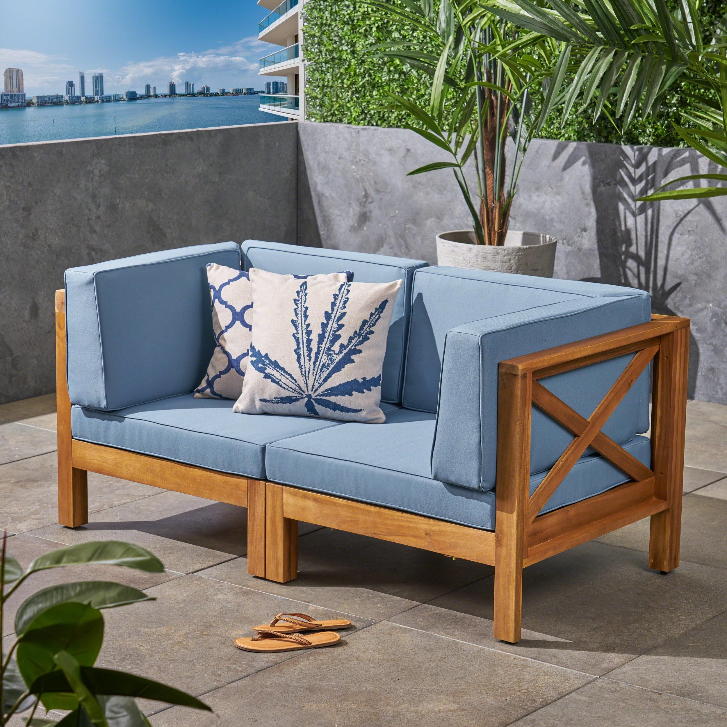 Teak and Blue Acacia Wood Outdoor Sectional Loveseat with Cushions