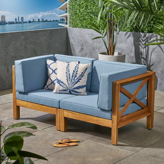 Luella Outdoor Modular Sectional Acacia Wood Loveseat with Cushions, Teak, Blue