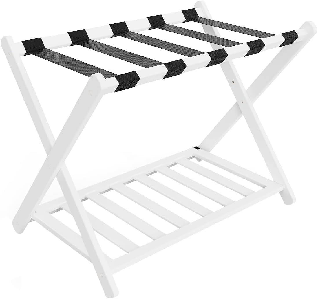 White Solid Pine Folding Luggage Rack with Shelf