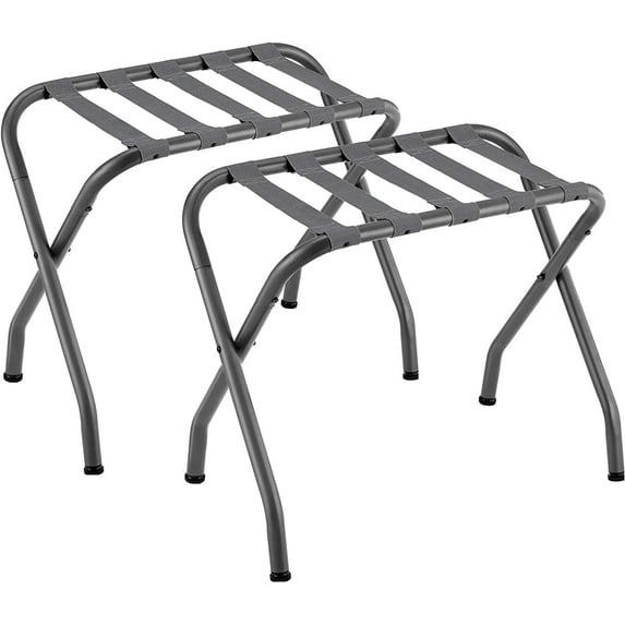 BINO 2-Pack Folding Luggage Rack Collapsible Metal Suitcase Stand With Durable Black Nylon Straps- For Bedroom, Guest Room, Or Hotel (Gray Steel)