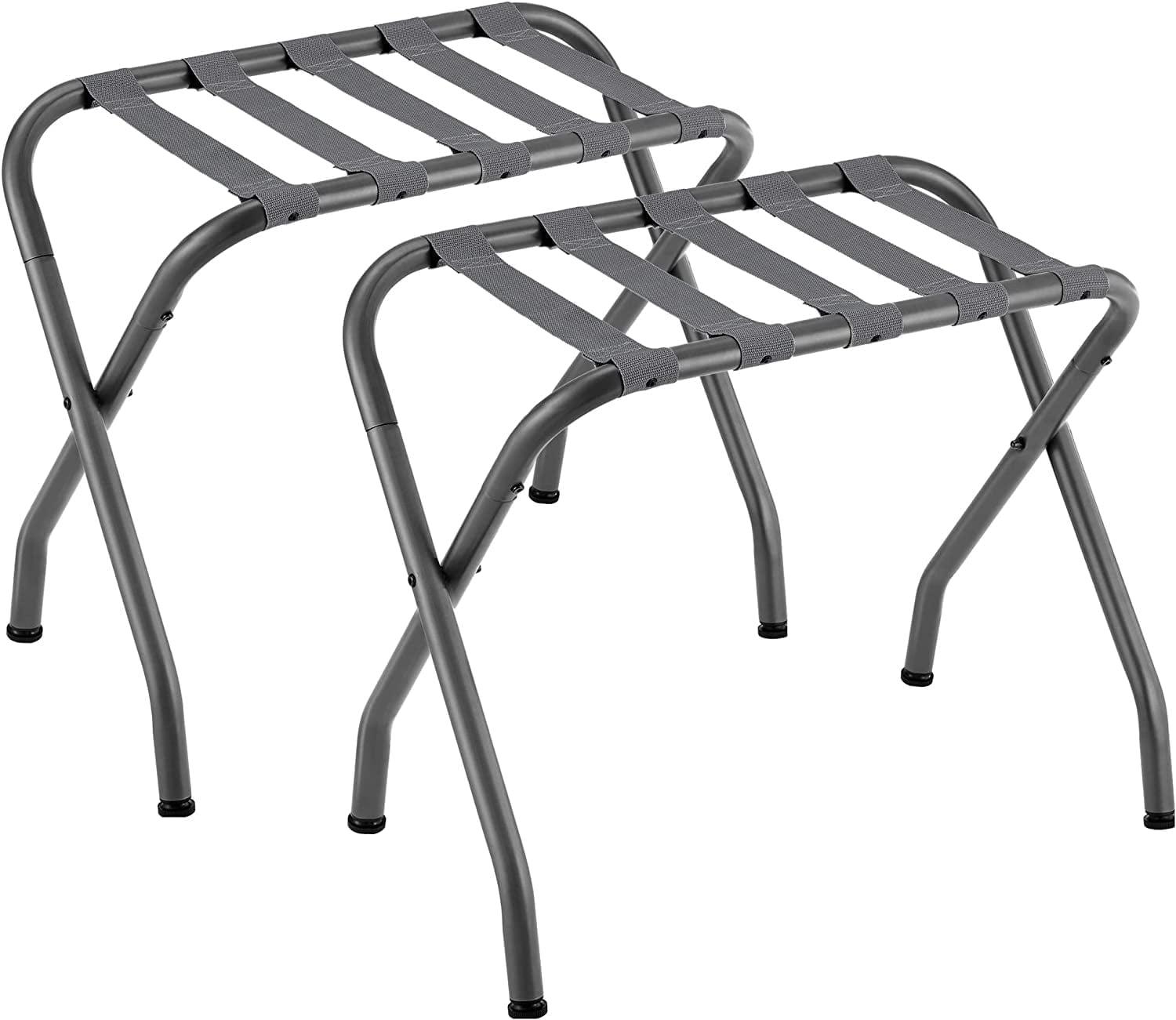BINO 2-Pack Folding Luggage Rack Collapsible Metal Suitcase Stand With Durable Black Nylon Straps- For Bedroom, Guest Room, Or Hotel (Gray Steel)
