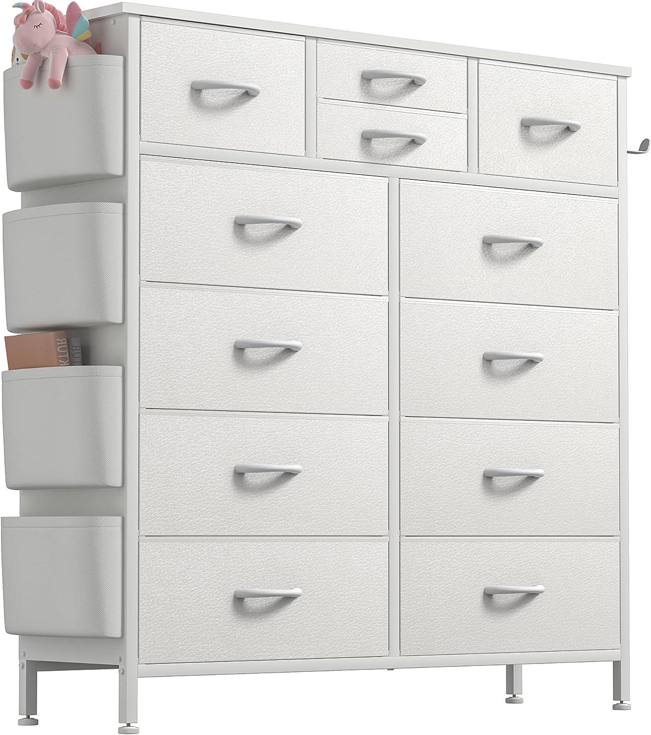 White Tall Fabric Dresser with 12 Drawers and Side Pockets