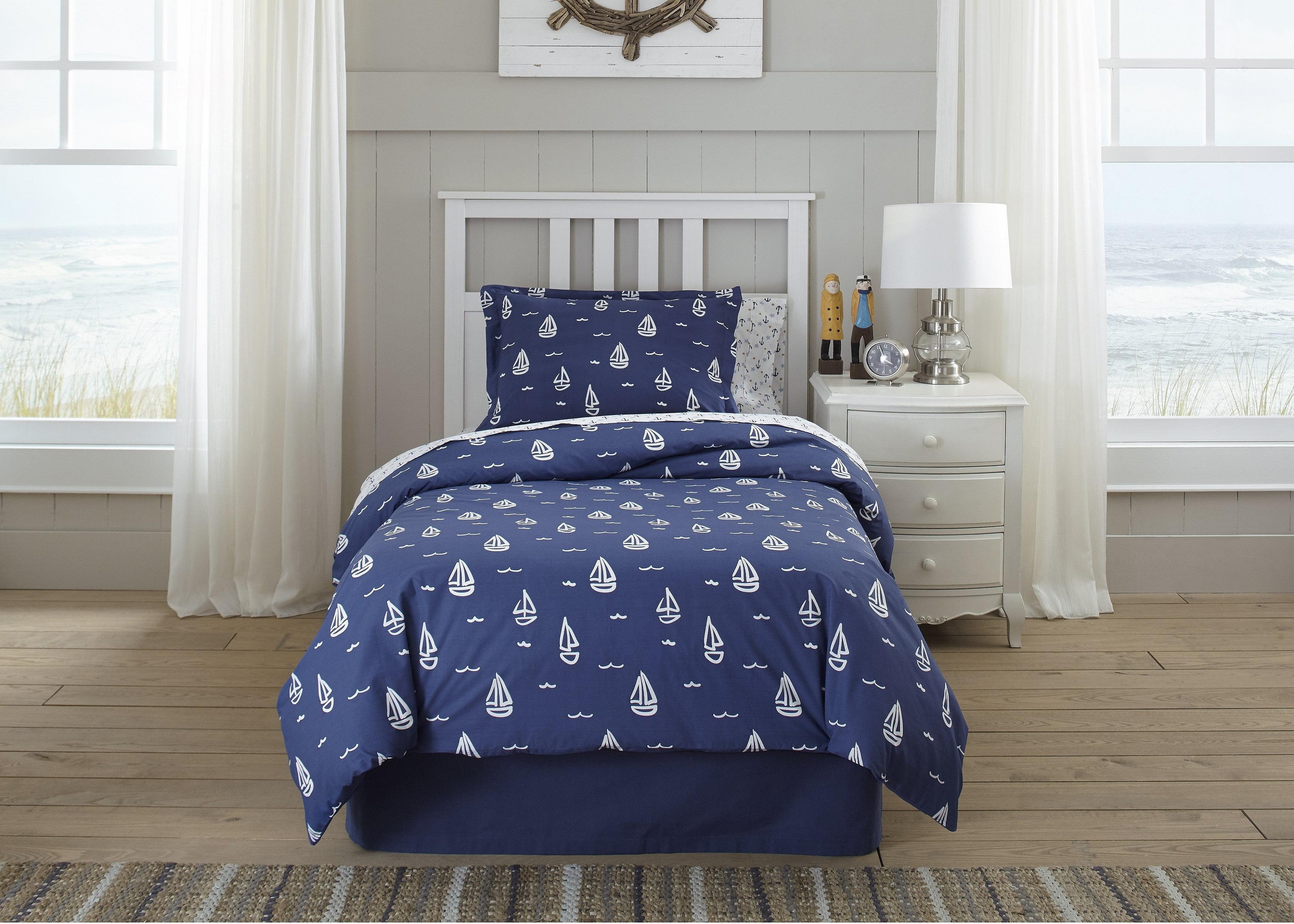 Twin White and Blue Cotton Kids Reversible Duvet