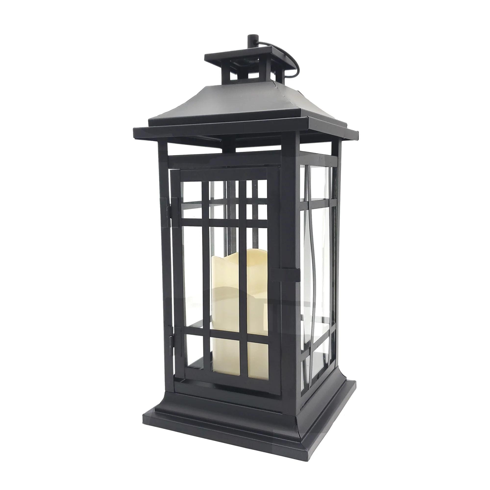 LumaBase Battery Operated Metal Lantern with LED Candle - Black Window (14 inches)