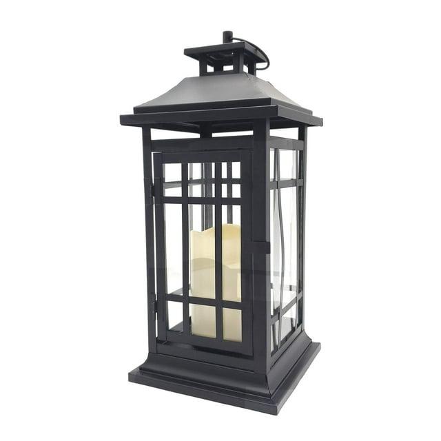 LumaBase Battery Operated Metal Lantern with LED Candle - Black Window (14 inches)