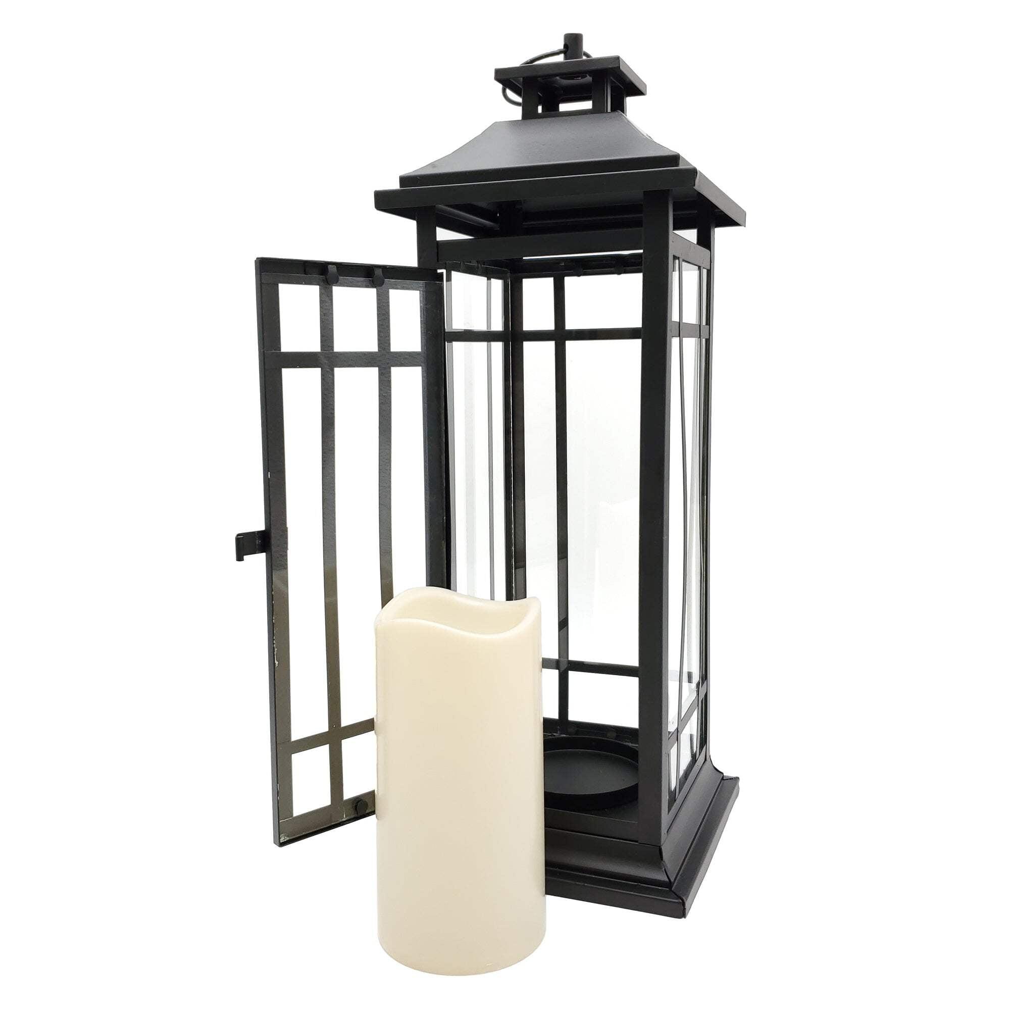 Battery-Operated Metal Lantern with LED Candle - Black Window