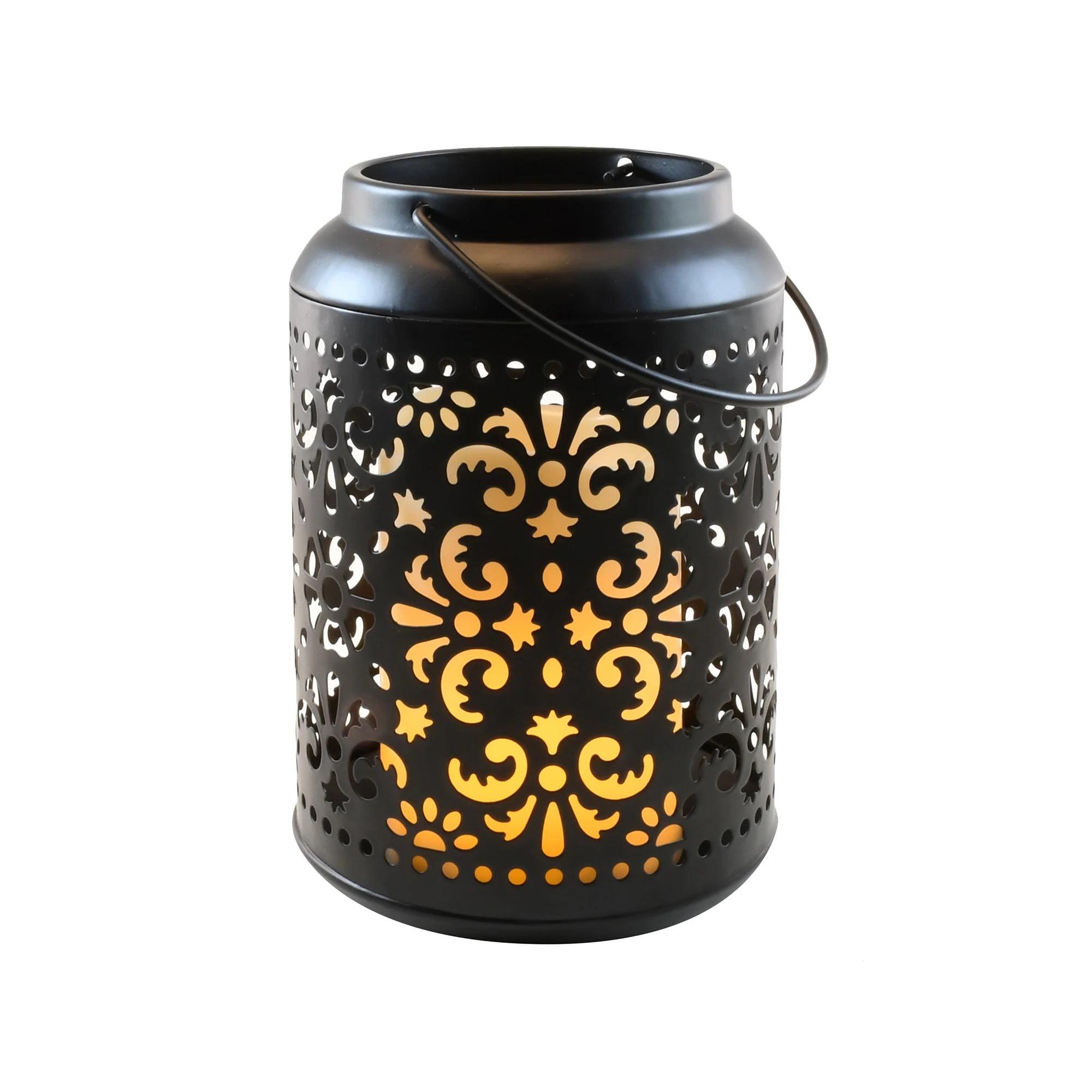 Black Iron Cylinder Hanging Lantern with LED Candle