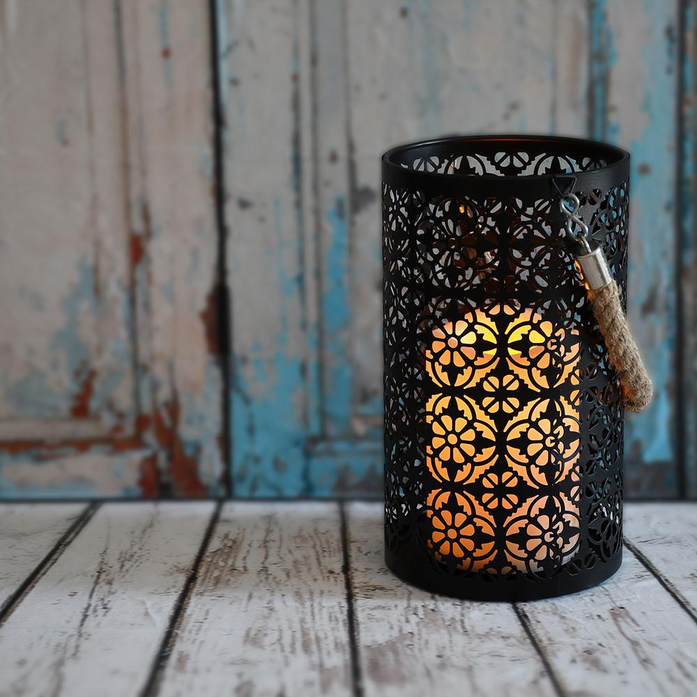 Black Jacquard Metal Hanging Tabletop Lantern with LED Candle