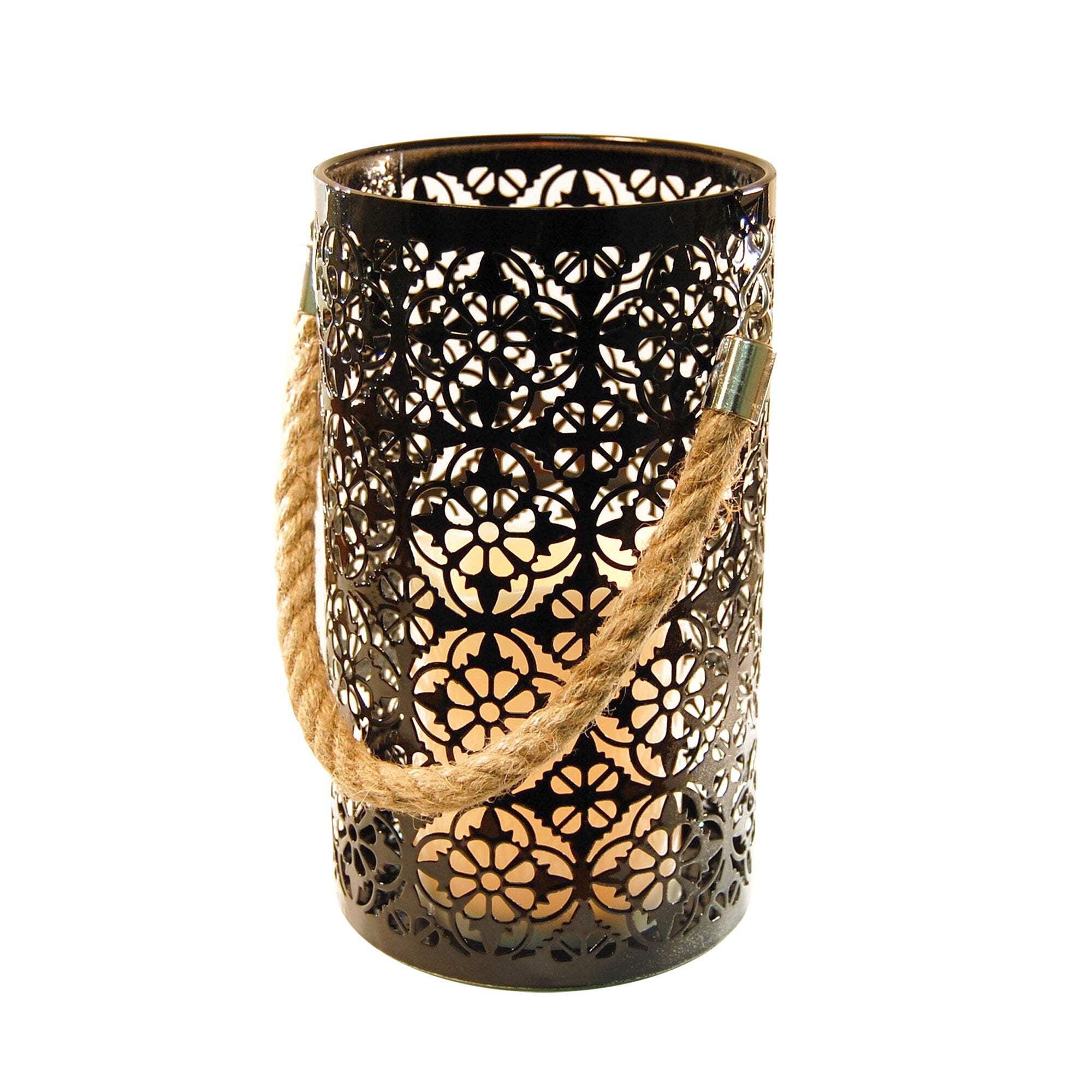 Black Jacquard Metal Lantern with Battery Operated Candle