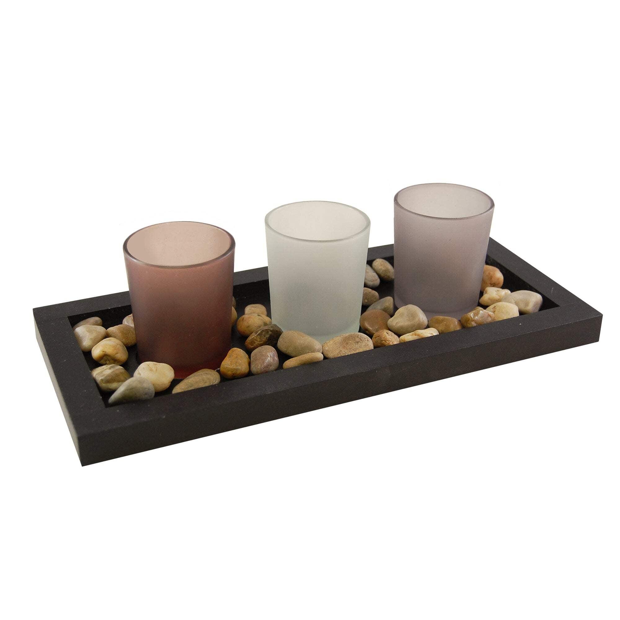 LumaBase Wooden Pebble Tray with 3 Glass Votive Candleholders