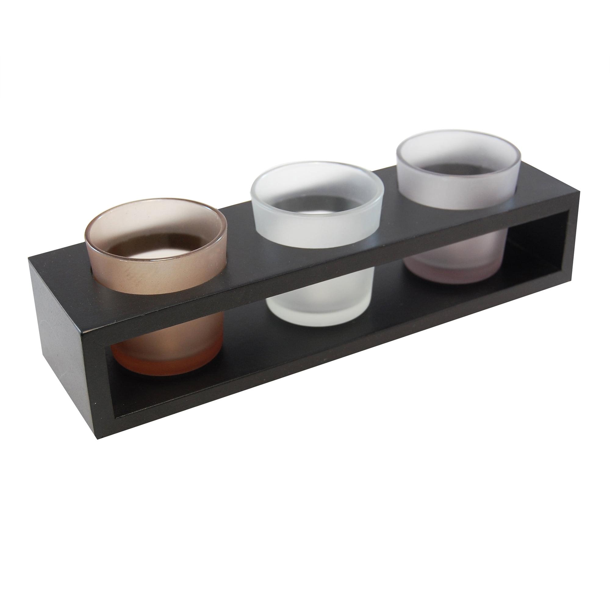 Contemporary Warm Black Wooden Tray with 3 Frosted Glass Candleholders