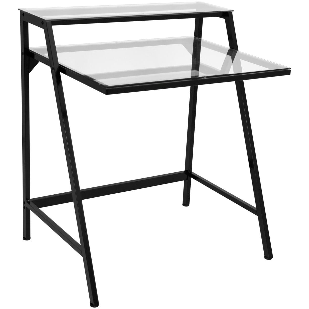 Compact Black Metal 2-Tier Desk with Tempered Glass Hutch