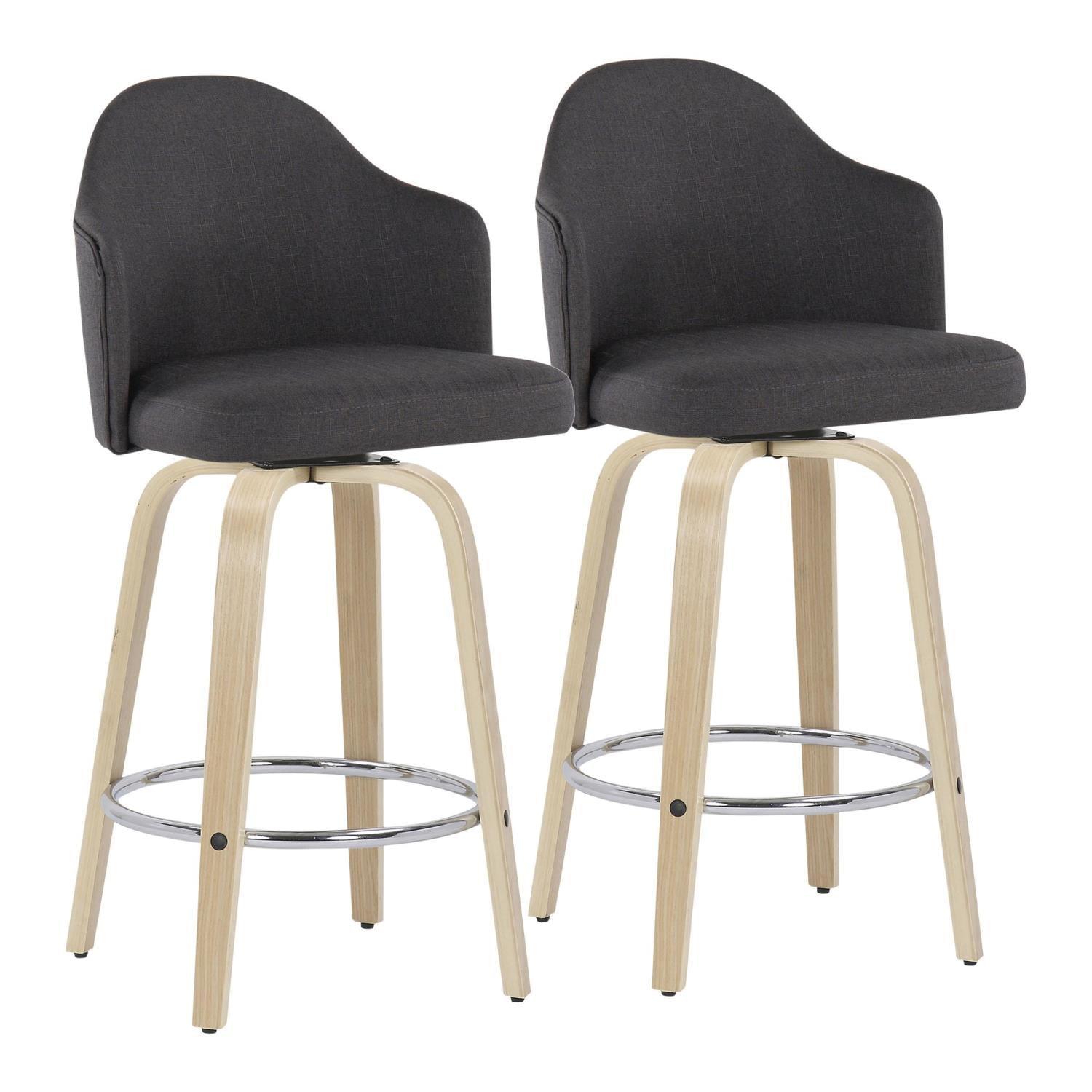 Swivel Natural Wood and Charcoal Fabric Barstools, Set of 2