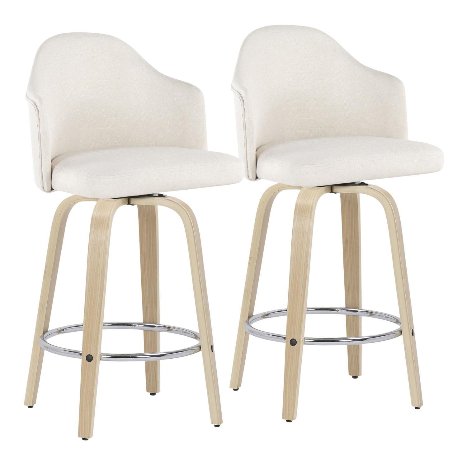 Cream Fabric Swivel Counter Stools with Natural Wood and Chrome