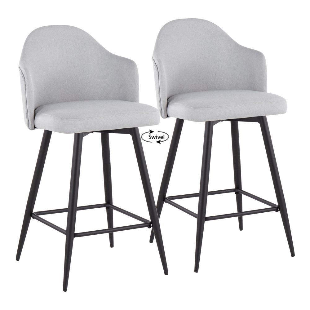 Light Grey Fabric and Black Metal Swivel Counter Stools, Set of 2