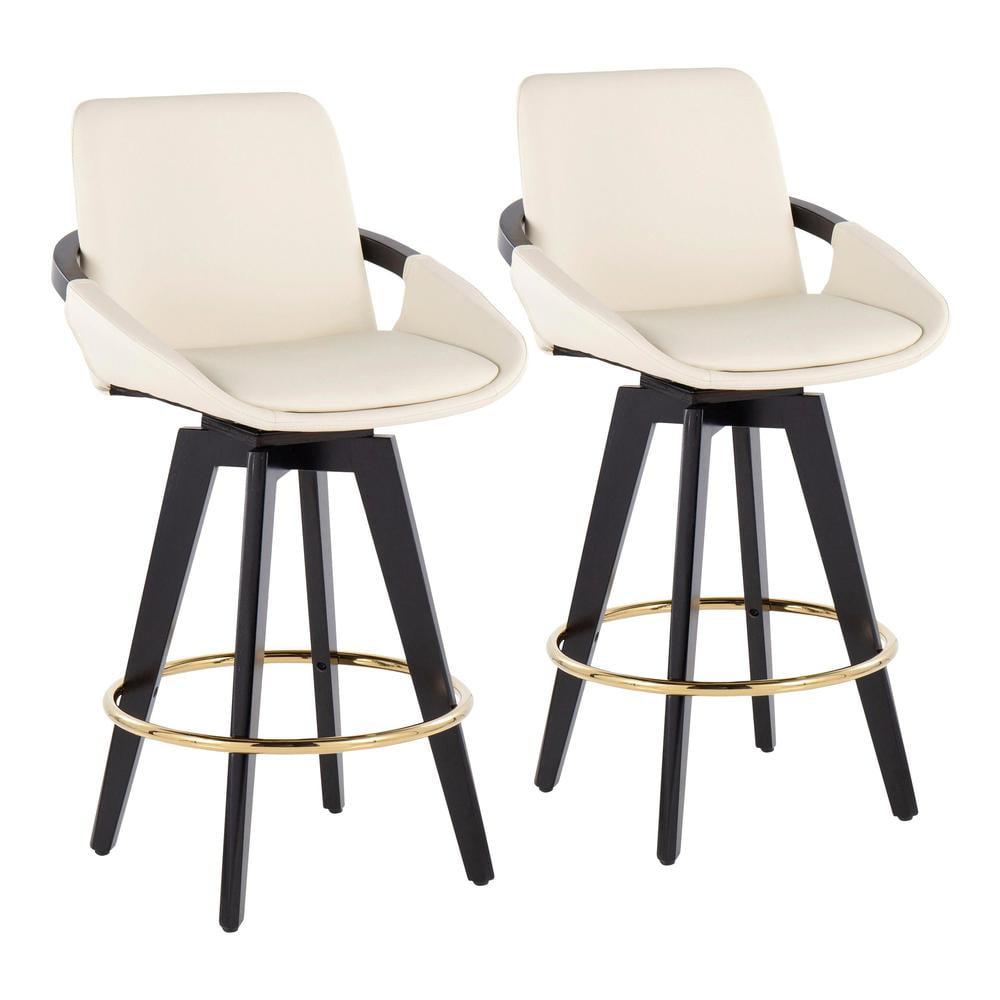 Set of 2 Cosmo PU Leather/Metal/Wood Counter Height Barstools Black/Gold/Cream - LumiSource: Swivel, Upholstered, Spot Clean