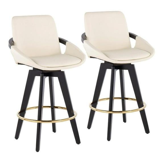 Set of 2 Cosmo PU Leather/Metal/Wood Counter Height Barstools Black/Gold/Cream - LumiSource: Swivel, Upholstered, Spot Clean
