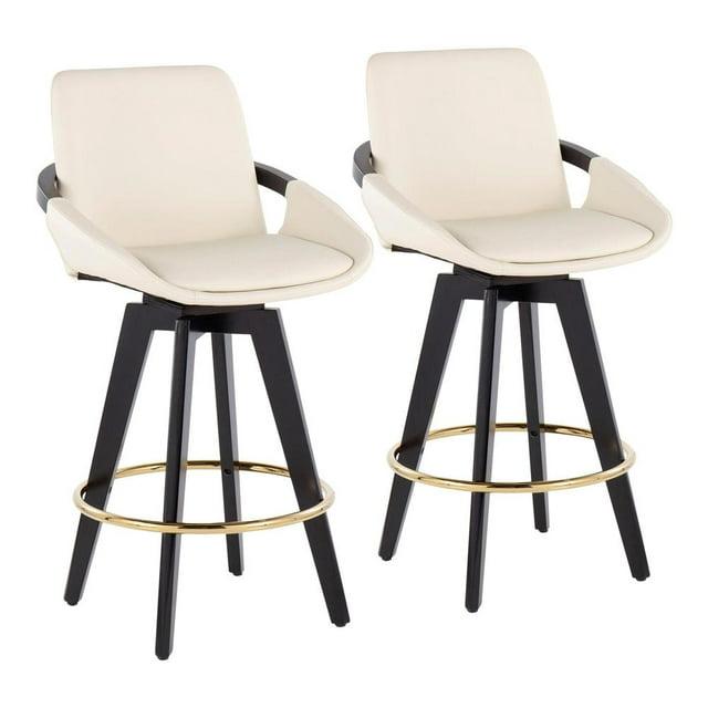 Set of 2 Cosmo PU Leather/Metal/Wood Counter Height Barstools Black/Gold/Cream - LumiSource: Swivel, Upholstered, Spot Clean