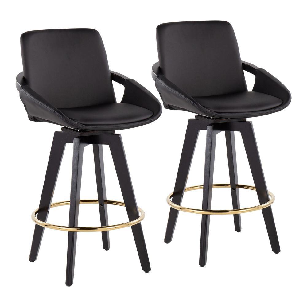 Set of 2 Cosmo PU Leather/Metal/Wood Counter Height Barstools Black/Gold - LumiSource: Swivel Seat, Fixed Height