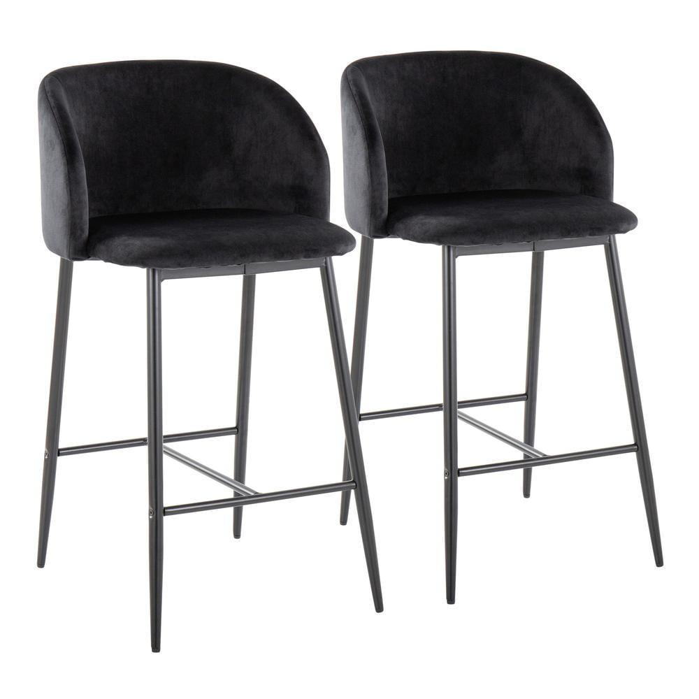 Set of 2 Fran Counter Height Barstools Black - LumiSource: Velvet Upholstery, Tapered Legs, Padded Bucket Seat