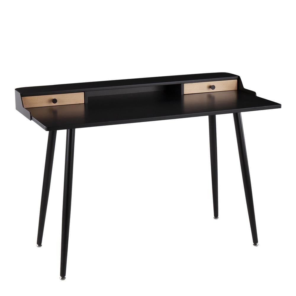 Harvey Contemporary Computer Desk Steel/Wood Black - LumiSource: Mid-Century Office Furniture, 2 Drawers, Open Shelf Storage