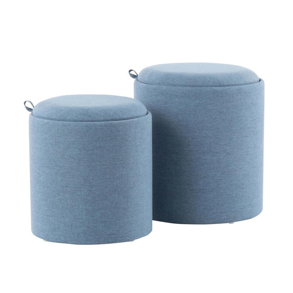 Tray Polyester Wood Contemporary Nesting Ottoman Set Blue/Natural - LumiSource: 2-Piece, Storage Compartment, No Assembly Required