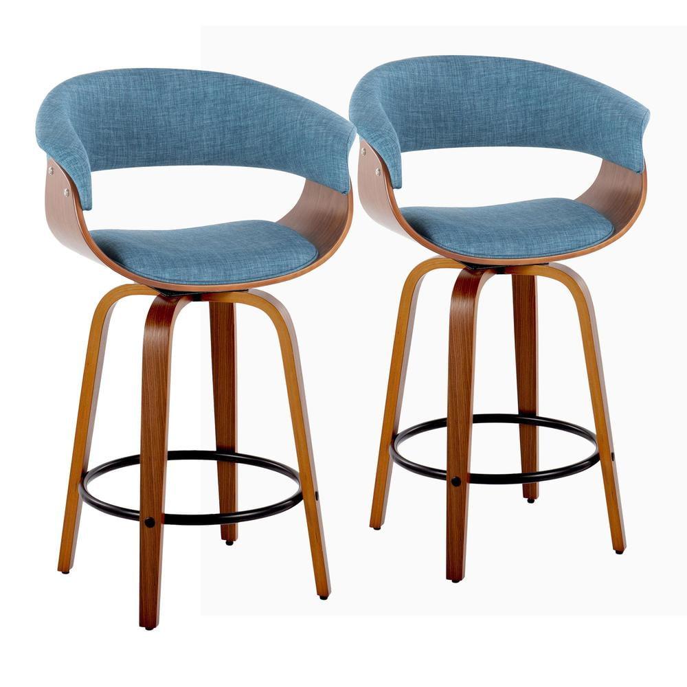 Set of 2 Vintage Modern Counter Height Barstools Walnut/Black/Blue - LumiSource: Fixed-Height, Swivel, Footrest
