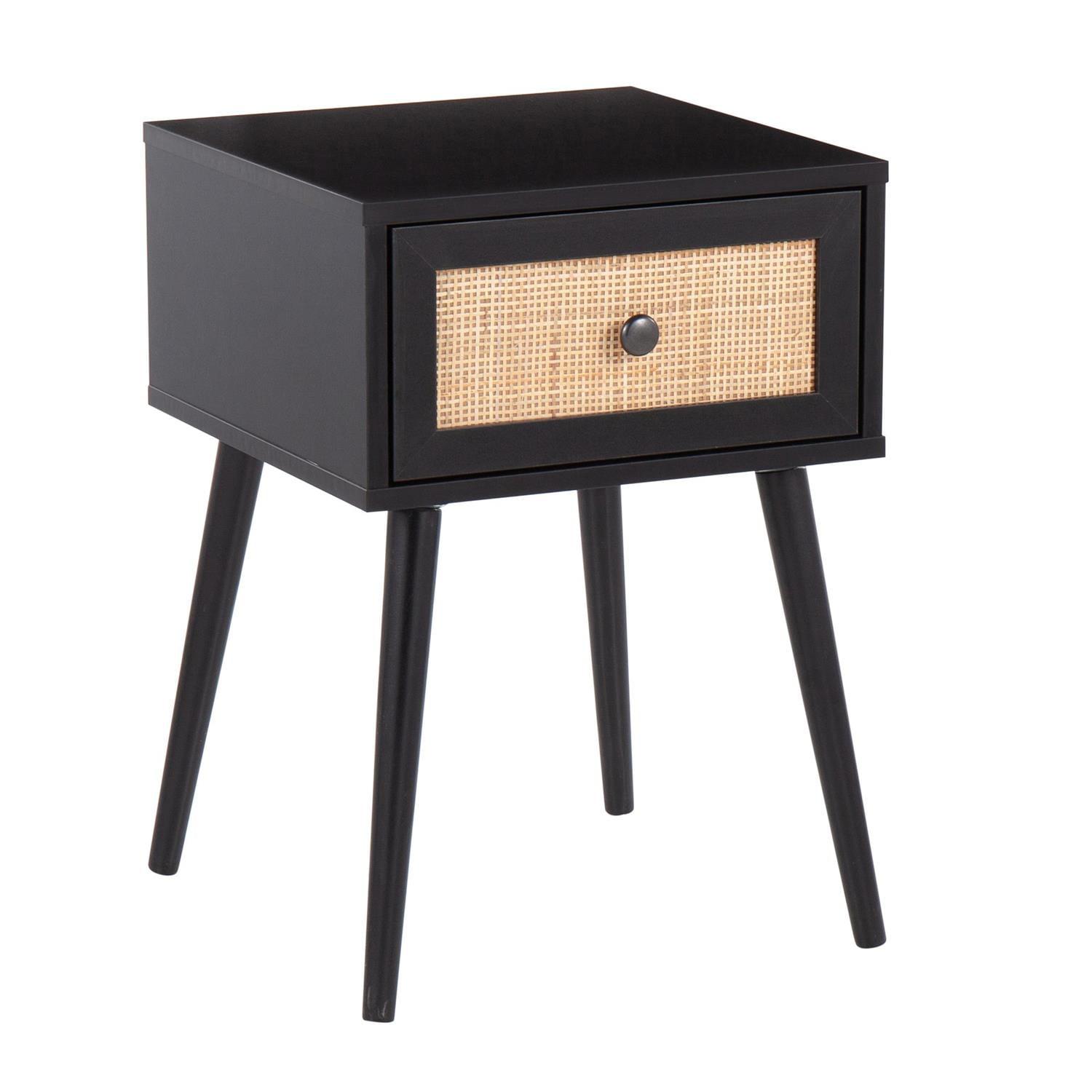 Bora Bora Black Wood and Rattan Accent Side Table with Storage