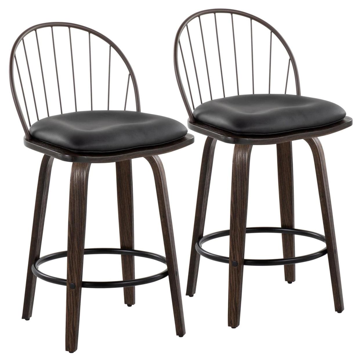 Set of 2 Riley Counter Height Barstools Walnut/Brown: Farmhouse Style, Swivel, Faux Leather - LumiSource