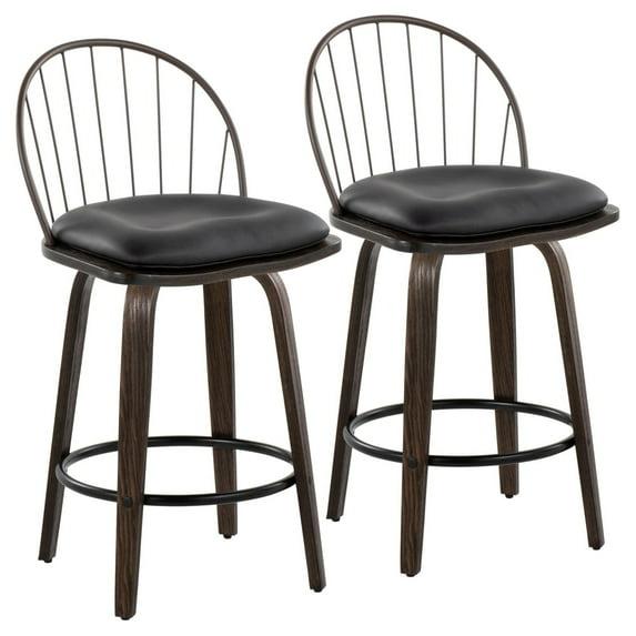 Set of 2 Riley Counter Height Barstools Walnut/Brown: Farmhouse Style, Swivel, Faux Leather - LumiSource