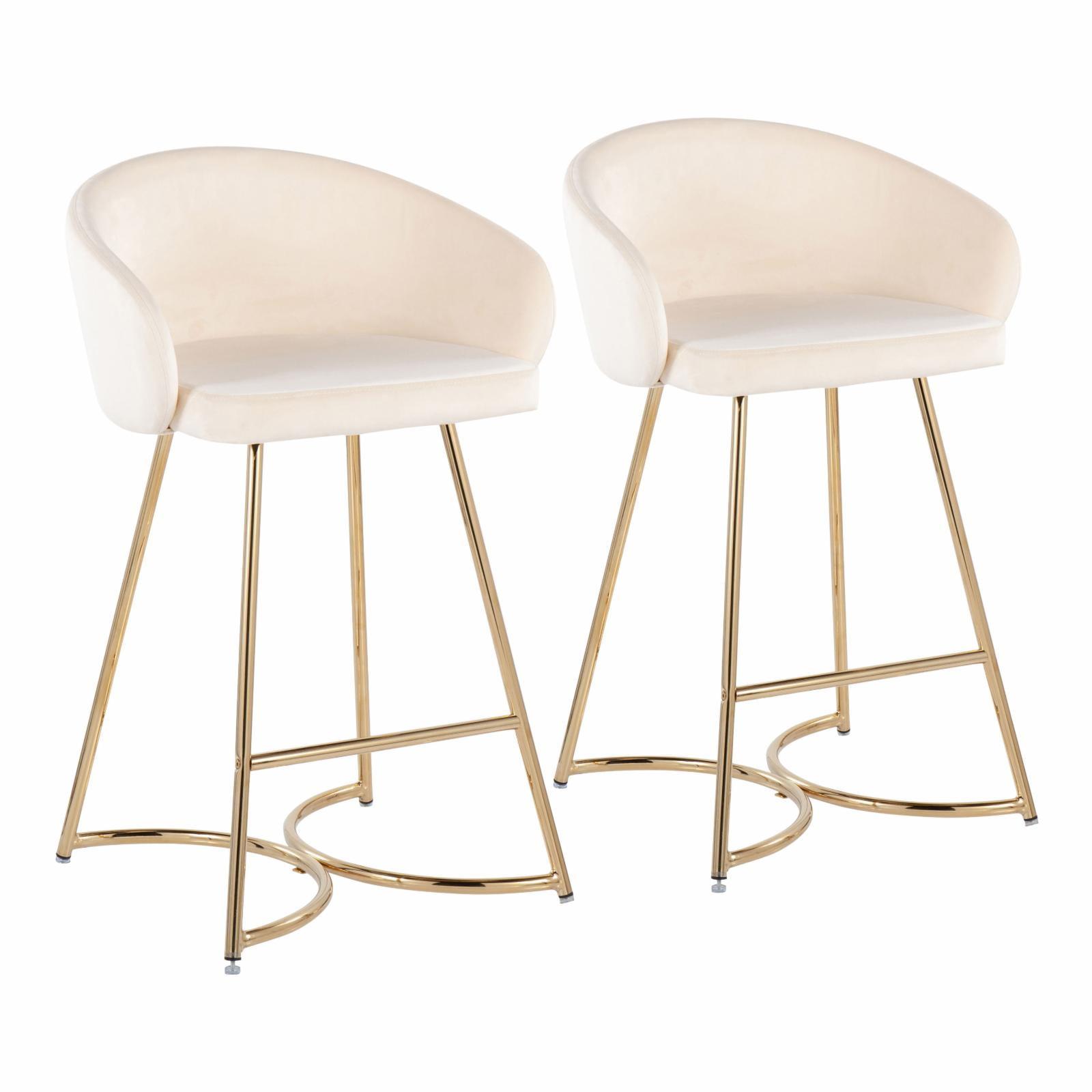 Cream Velvet and Gold Steel Counter Stools, Set of 2