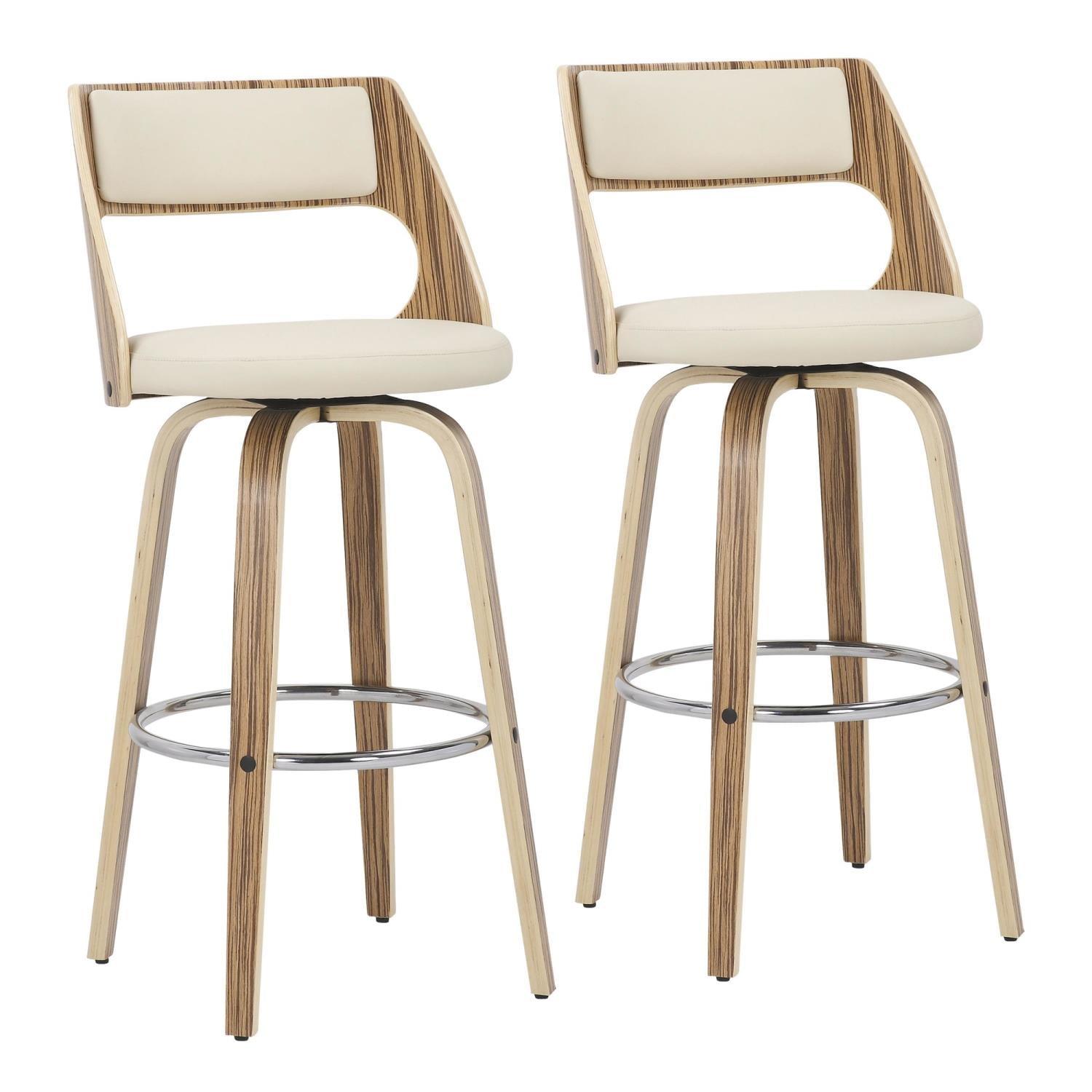 Zebra Wood and Cream Faux Leather Swivel Bar Stools, Set of 2