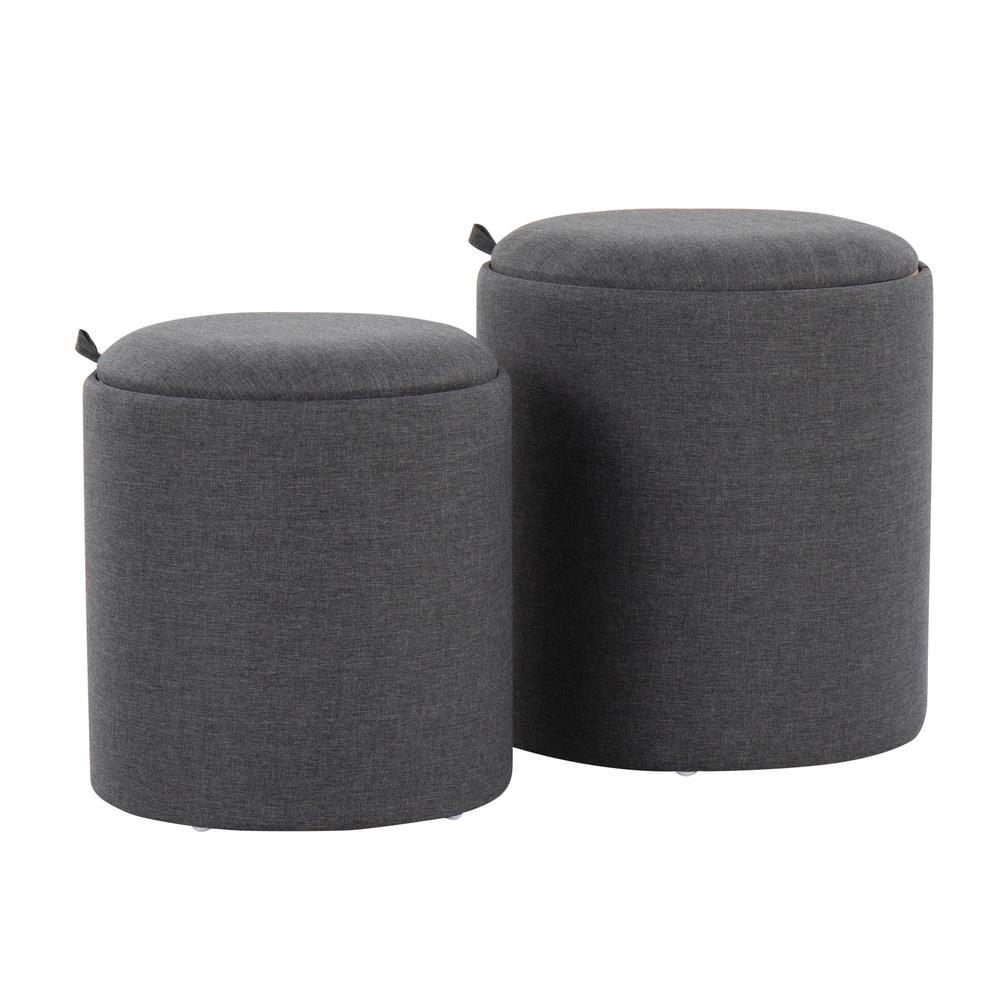 Tray Polyester/Wood Ottoman Set Charcoal/Natural - LumiSource: Includes 2, Space-Saving Design, No Assembly Required