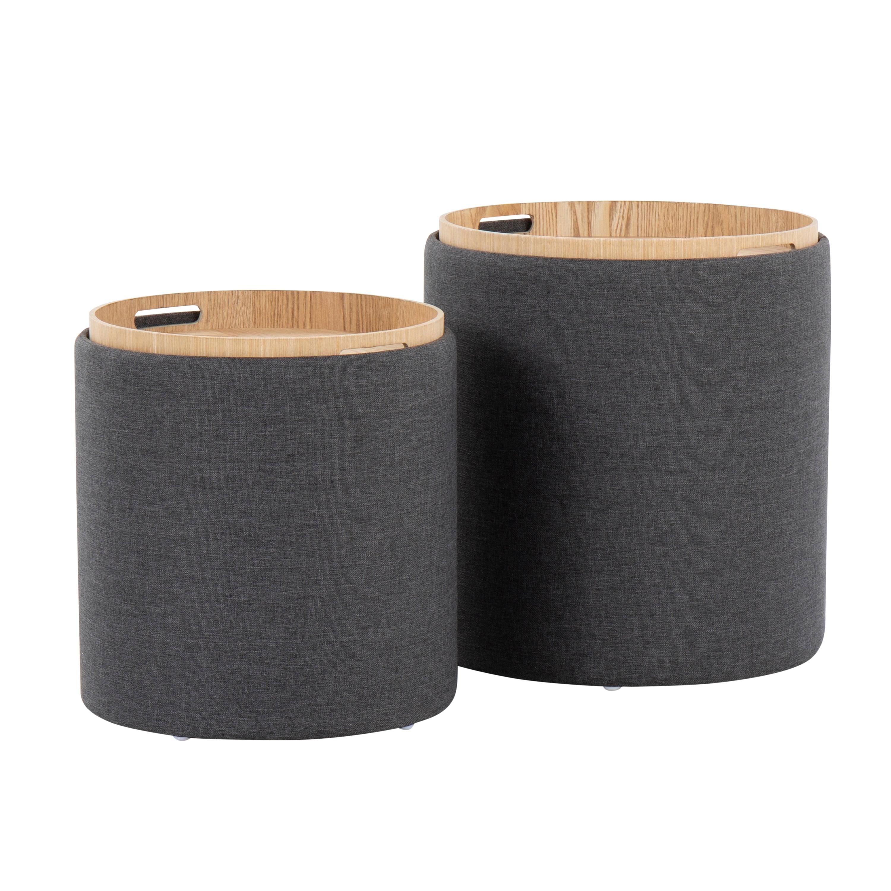 Tray Polyester/Wood Ottoman Set Charcoal/Natural - LumiSource: Includes 2, Space-Saving Design, No Assembly Required