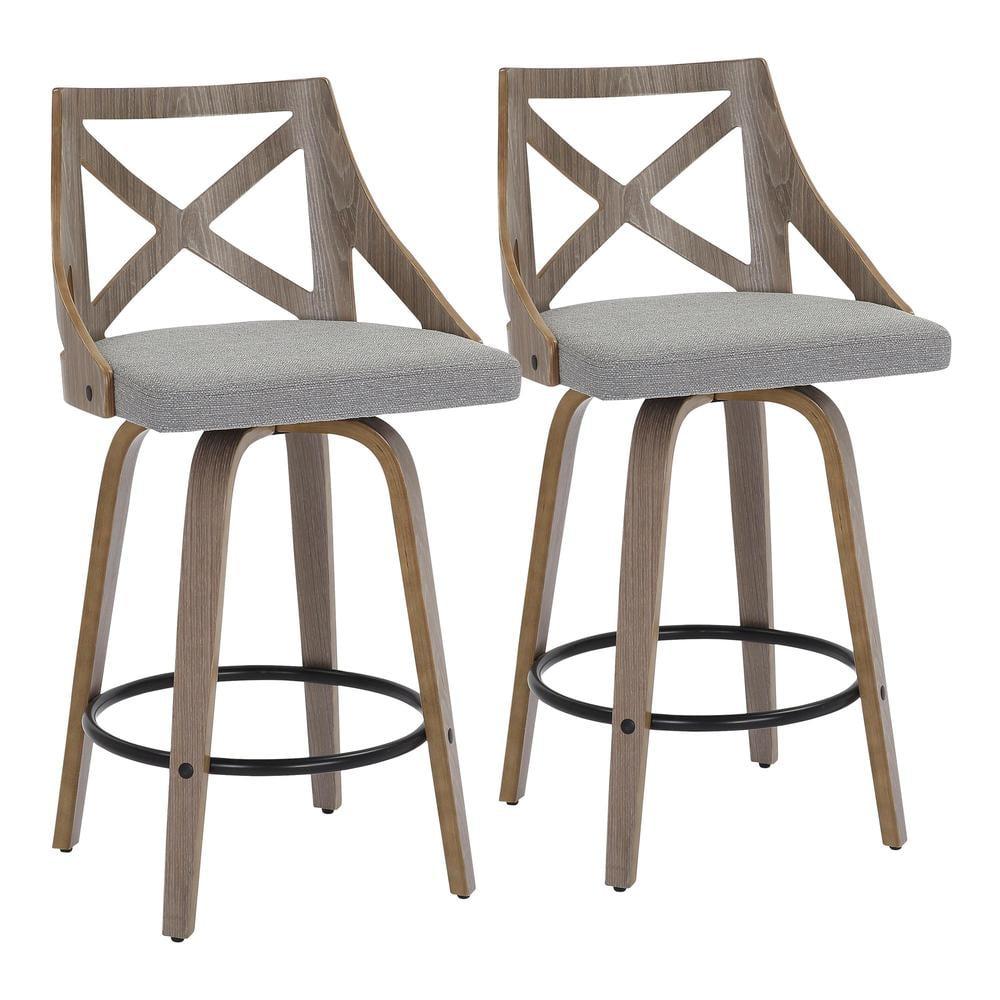 Set of 2 Charlotte Counter Height Barstools Light Gray/Gray - LumiSource: Upholstered Swivel Stools, Wood Legs