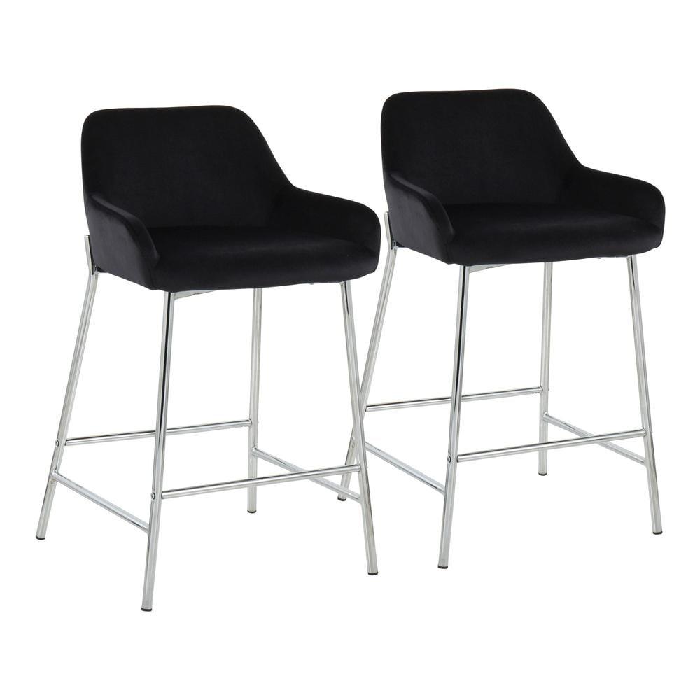 Set of 2 Daniella Metal/Velvet Counter Height Barstools Chrome/Black - LumiSource: Upholstered, Steel Legs, Foam Fill