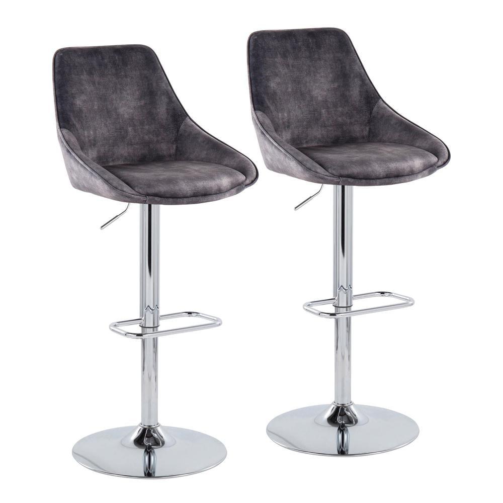 LumiSource Chrome Metal, Grey Velvet Diana Adjustable Barstool - Set of 2