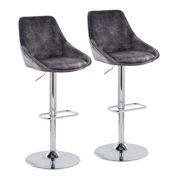 LumiSource Chrome Metal, Grey Velvet Diana Adjustable Barstool - Set of 2