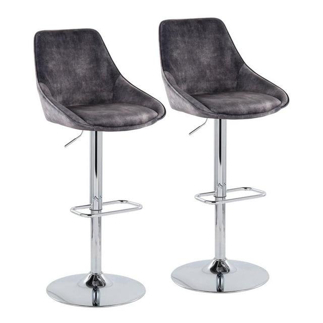LumiSource Chrome Metal, Grey Velvet Diana Adjustable Barstool - Set of 2