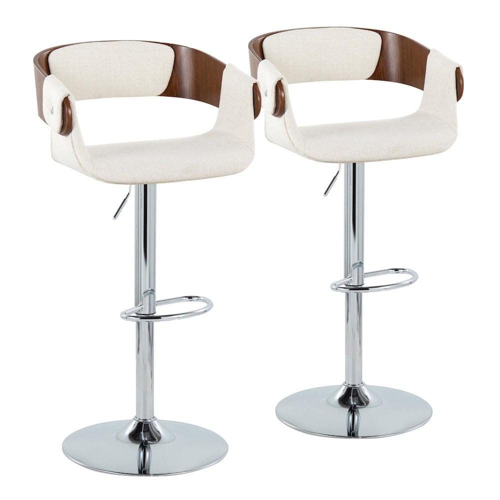 LumiSource Chrome Metal, Walnut Wood, Cream Fabric Elisa Adjustable Barstool - Set of 2