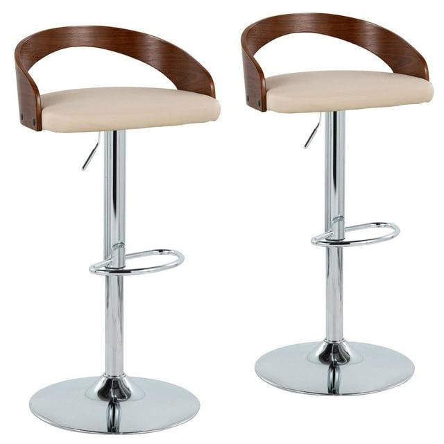 LumiSource Chrome Metal, Walnut Wood, Cream PU Grotto Adjustable Height Barstool - Set of 2