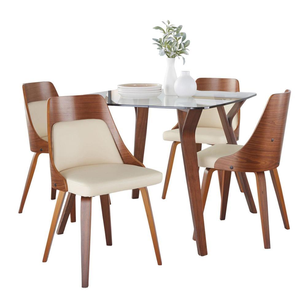 LumiSource Clear Glass, Walnut Wood, Cream PU Folia-Anabelle Square Dining Set - 5 Piece