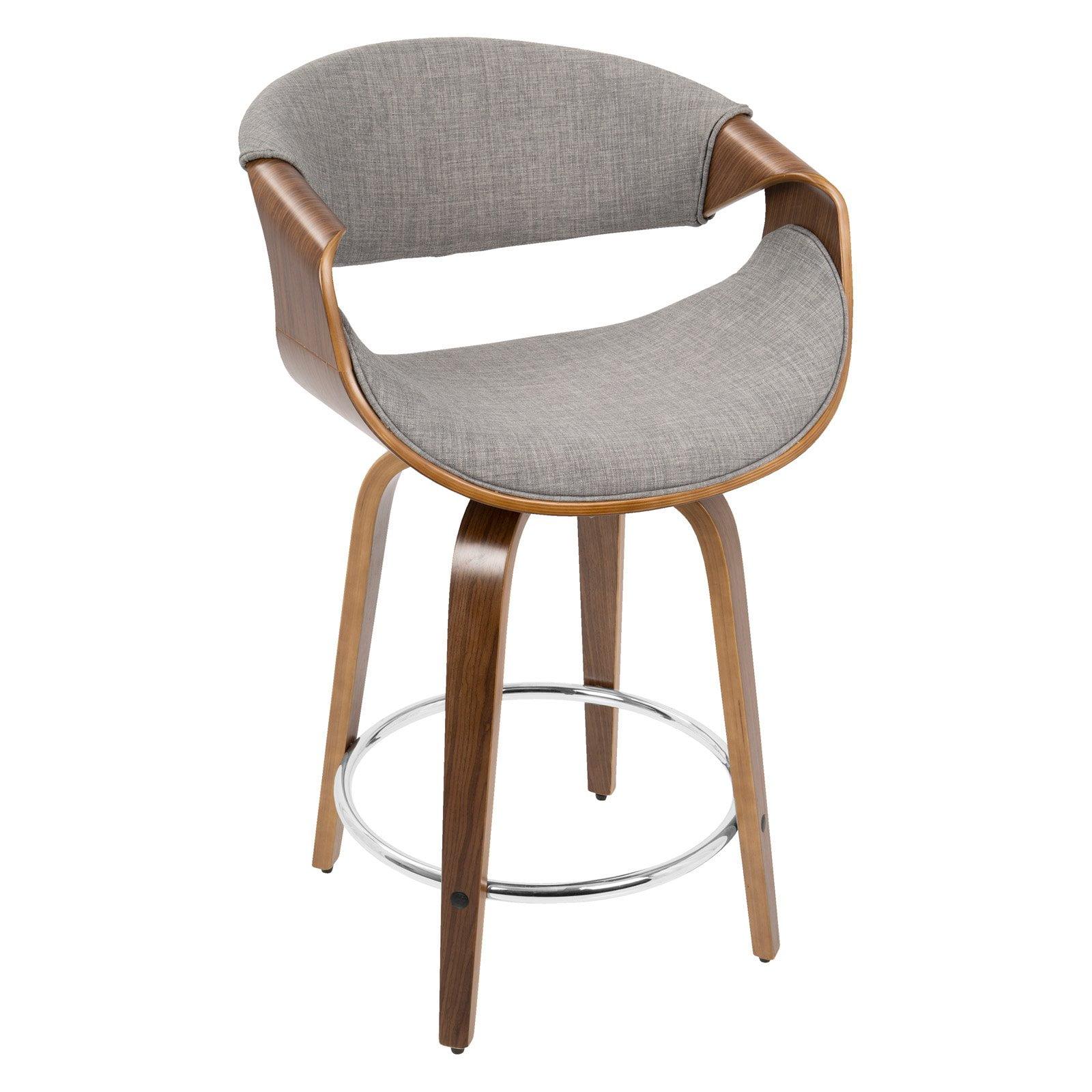 Gray Upholstered Walnut Wood and Metal Swivel Counter Stool