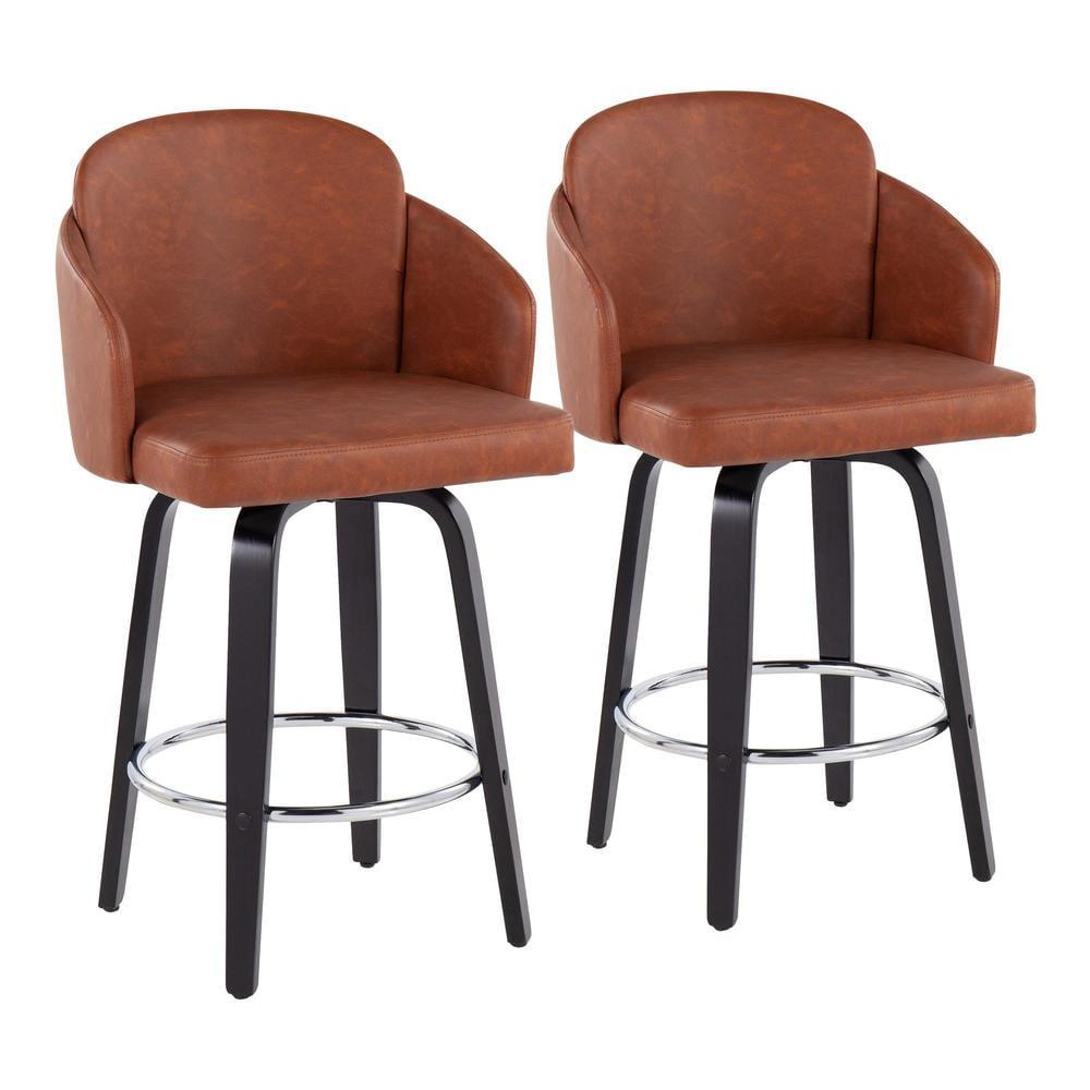 Camel Faux Leather Swivel Counter Stools with Wood Legs, Set of 2