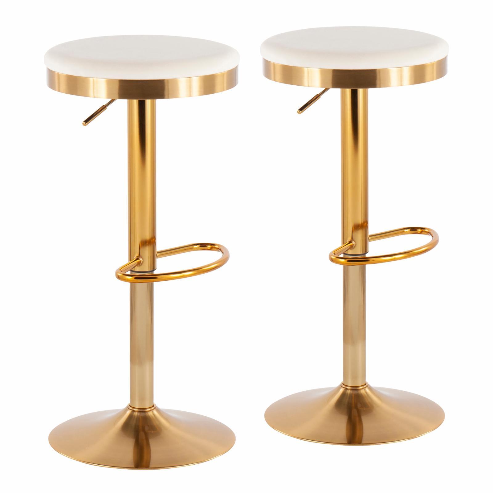 Set of 2 Dakota Glam Adjustable Barstools Steel/Velvet Gold/Cream - LumiSource: Swivel, Footrest, Mid-Century Modern Design