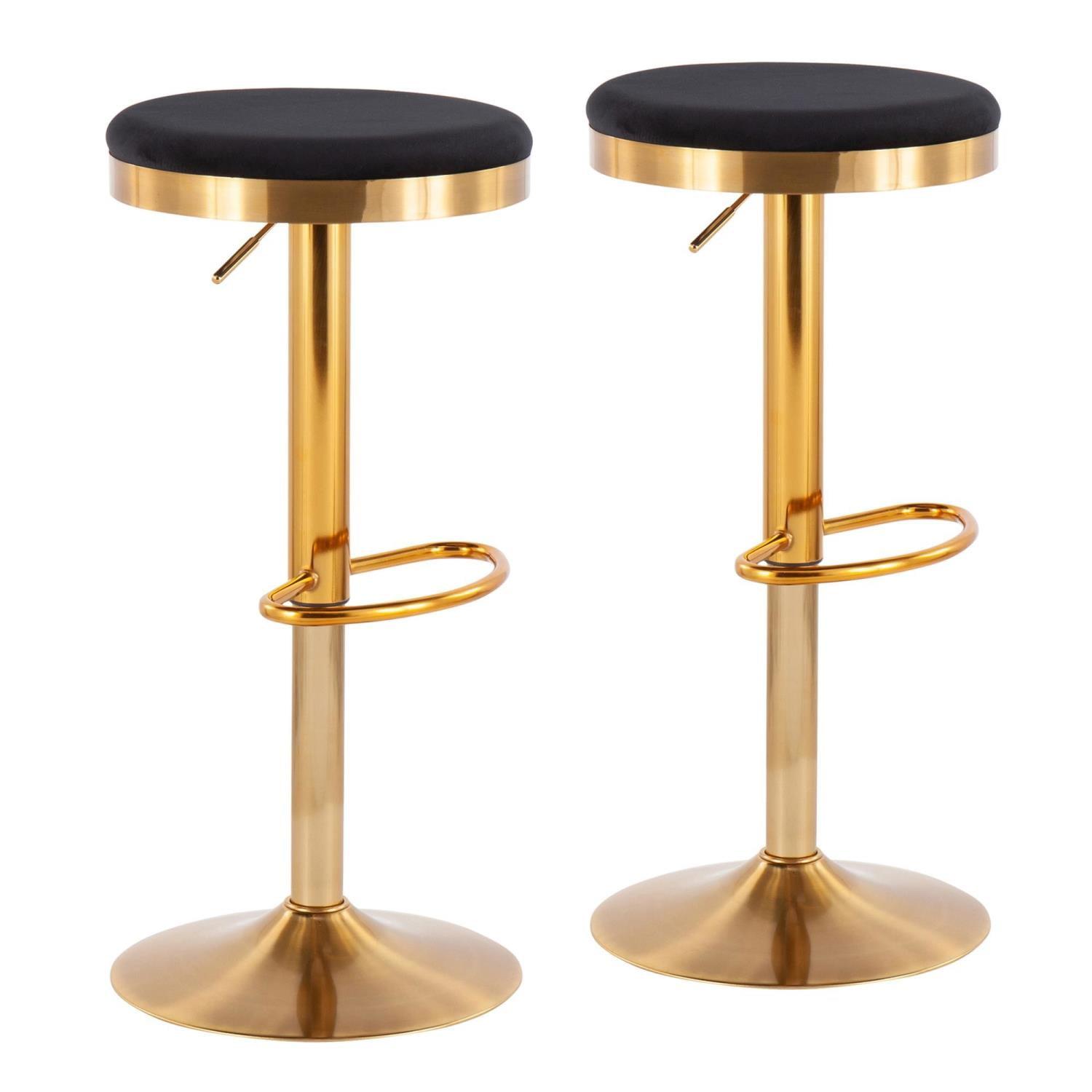 Set of 2 Dakota Glam Adjustable Barstools Steel/Velvet Gold/Black - LumiSource: Swivel, Footrest, Mid-Century Modern Design