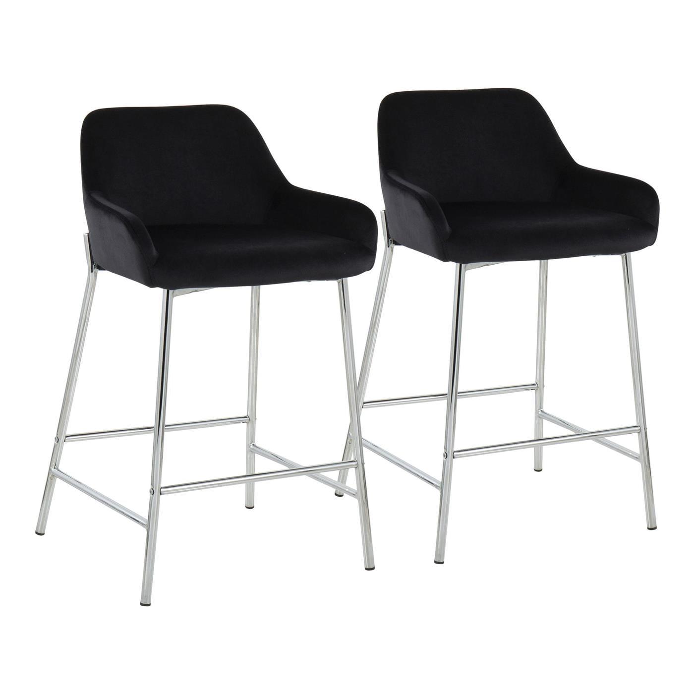 Set of 2 Daniella Metal/Velvet Counter Height Barstools Chrome/Black - LumiSource: Upholstered, Steel Legs, Foam Fill